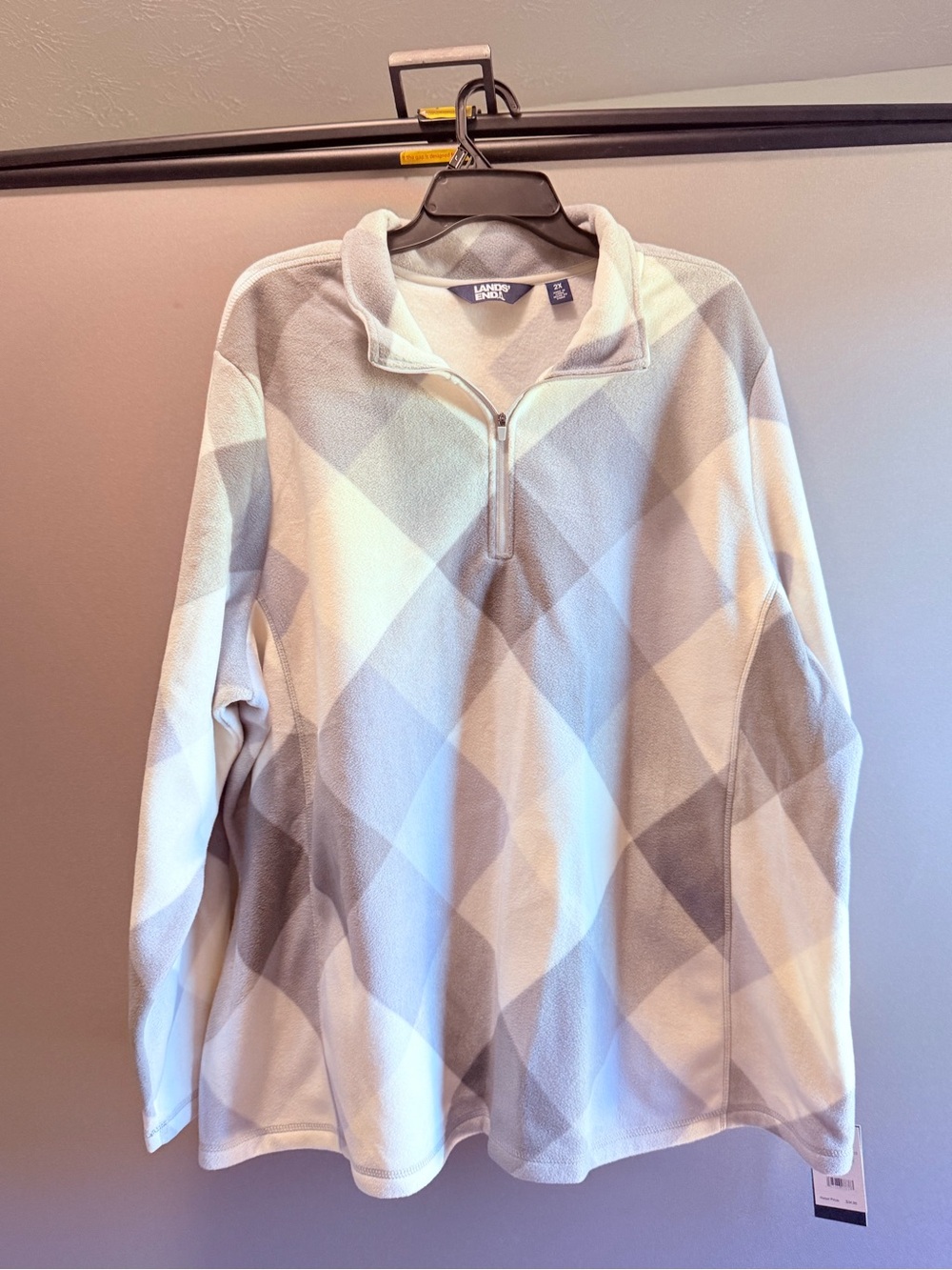 Lands' End Women’s White and Gray Diamond-Pattern Quarter Zip Pullover